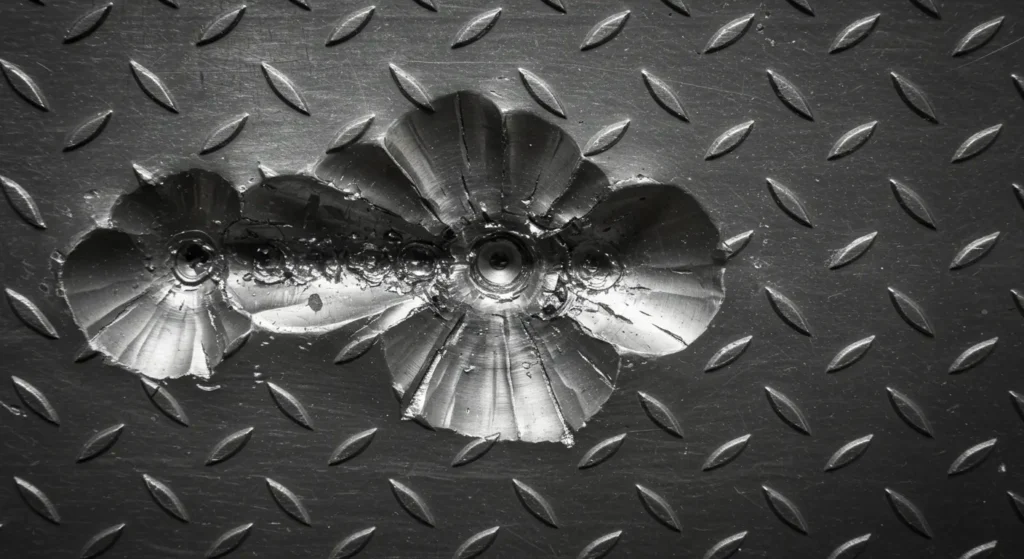 A close-up image showcasing a section of AR500 steel plate that has been impacted by multiple bullets