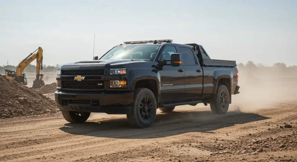 A powerful image of a heavy-duty armored truck, a Chevrolet Silverado HD with visible reinforcement