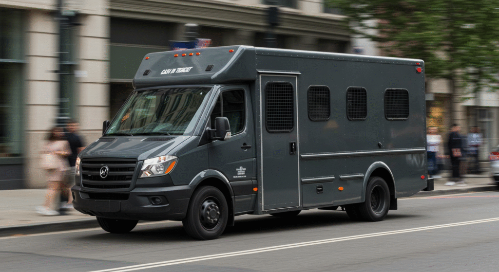 A robust, boxy armored cash-in-transit van