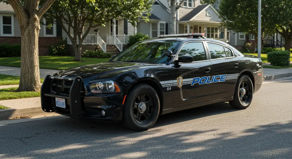 Dodge Charger Pursuit patrol car, parked on a quiet suburban street at daytime