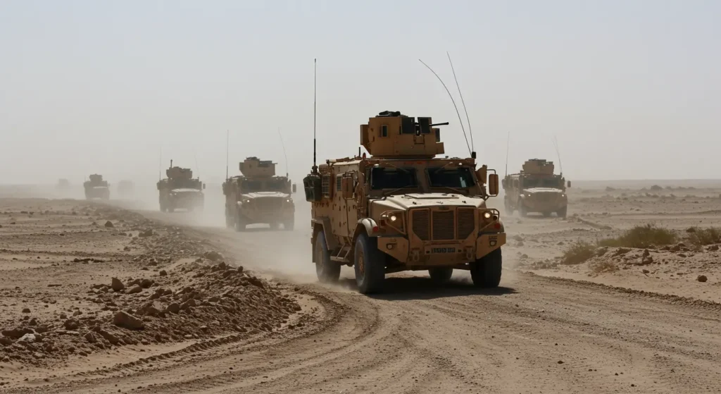 A stark image depicting several Mine-Resistant Ambush Protected (MRAP) vehicles navigating a rough, uneven desert road