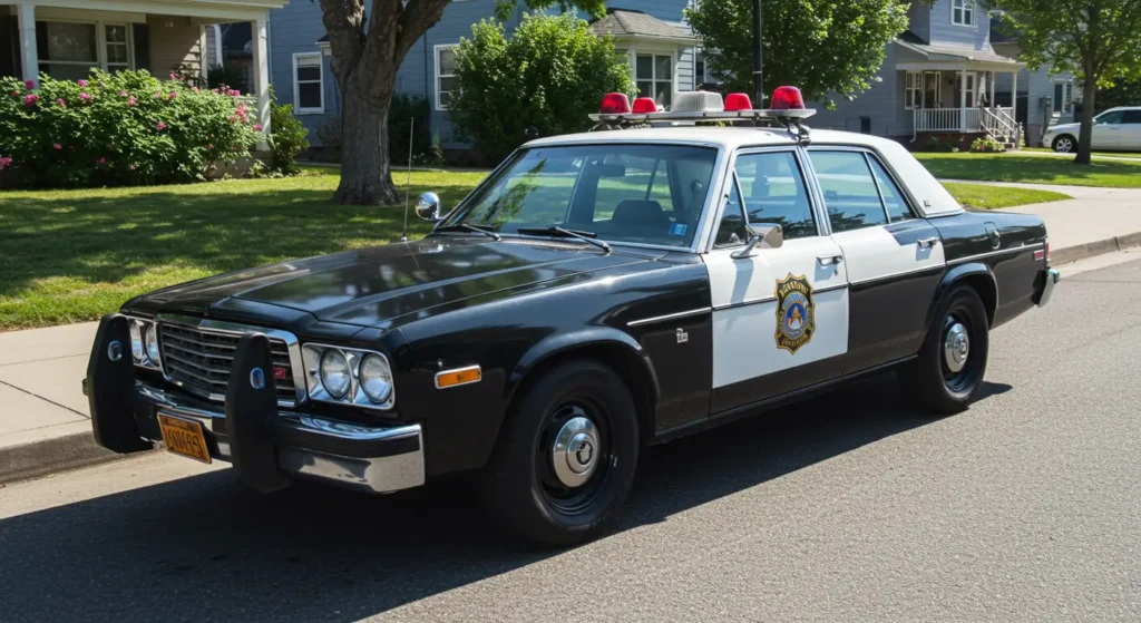 A classic black and white police patrol car